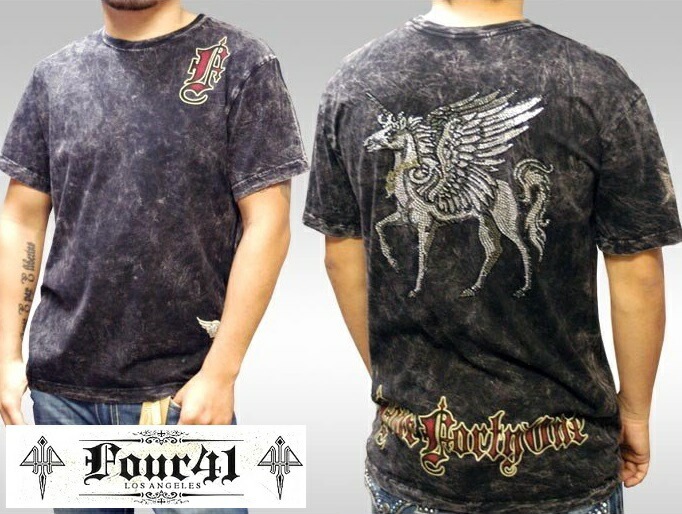 Four41 Los Angeles フォーフォーティーワン メンズ ラインストーン Tシャツ ペガサス ブラック M-04 スワロフスキー インポート セレブ ブランド ストリート サーフ LAセレ