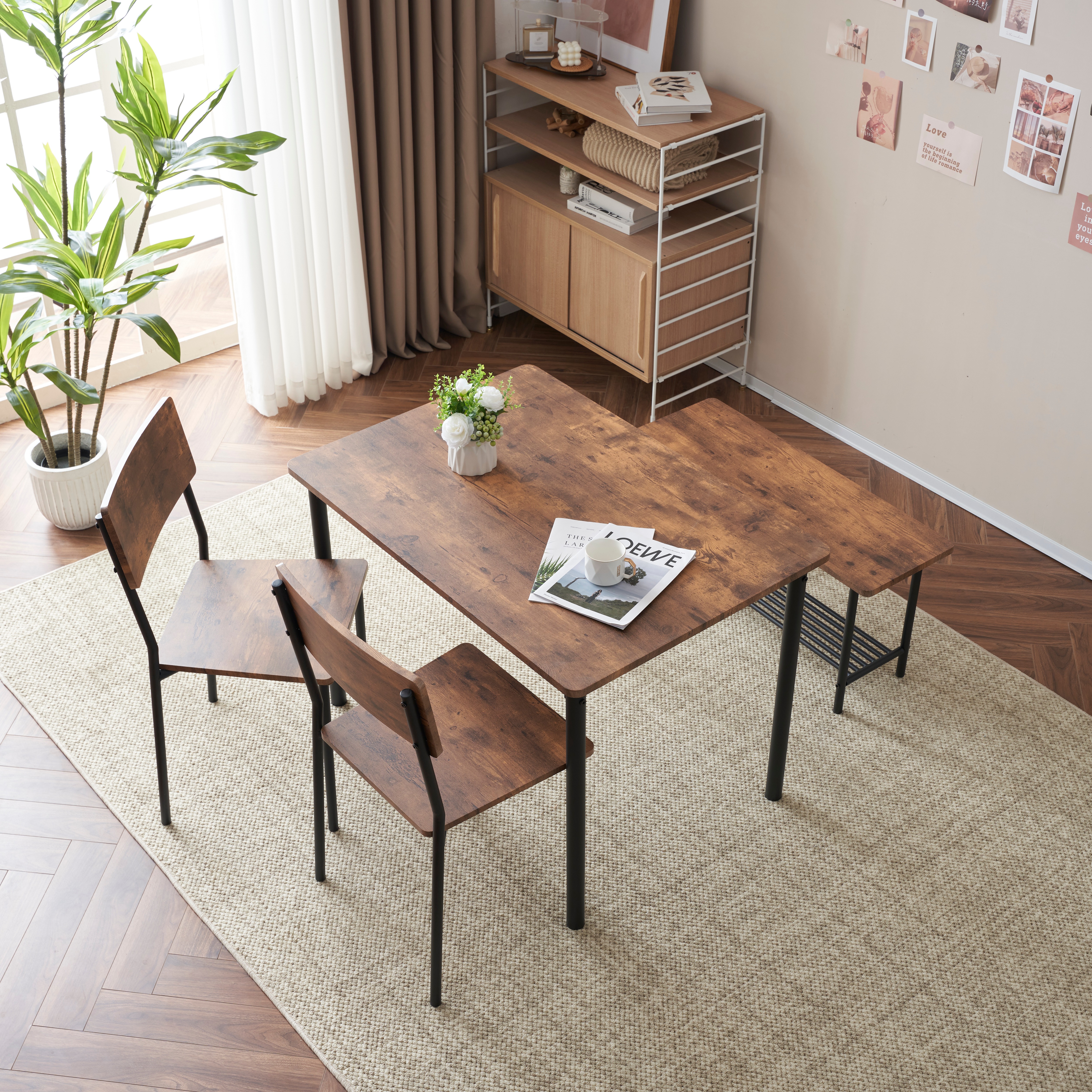 ダイニングテーブルセット4人用 4点セット ダイニング セット スチール 食卓 チェア2脚ベンチ1脚 幅110 コンパクトサイズ 4人掛け おしゃれ