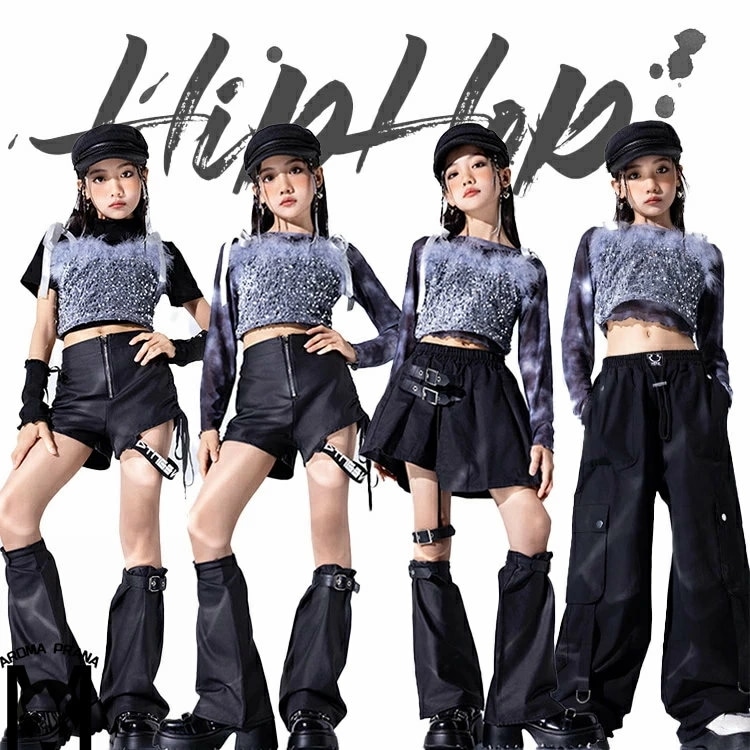 納得の一品！7タイプ スパンコール 子供服 レザー タイダイ染め ダンス衣装 キッズダンス 女の子 レッグウォーマー へそ出し パンツ 黒スカート ズボン レザー短パンツ ガールズ ダンスウェア 団体