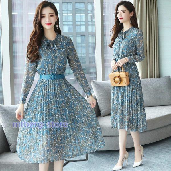 ワンピース レディース 40代 きれいめ 膝丈ワンピース 秋冬 長袖ワンピース 花柄シフォン リボンネック aラインスカート オシャレ大人 結婚式ドレス 50代 4,697円