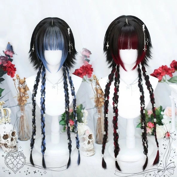 ウィッグ ロング 自然 可愛い フルウィッグ 前髪ぱっつん グラデーション ウルフ 地雷系 ゴスロリ ロリータ ブルー ワインレッド レディース かつら コスチューム 仮装 おしゃれ 普段使い 日