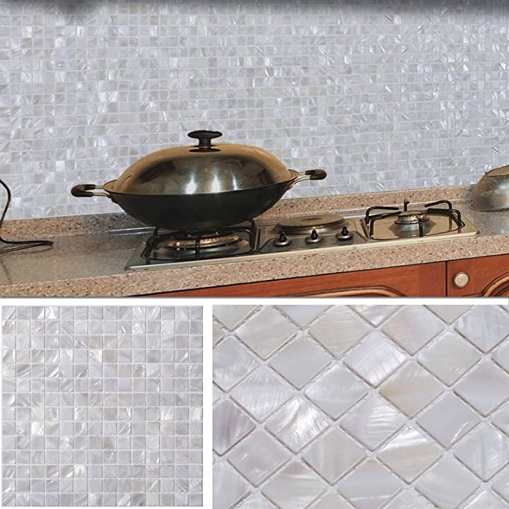 モザイクタイル 天然シェル キッチン 防水シート 貝殻 貝殻シート耐熱 壁タイル304x304x2mm 5枚 白(Premium white)