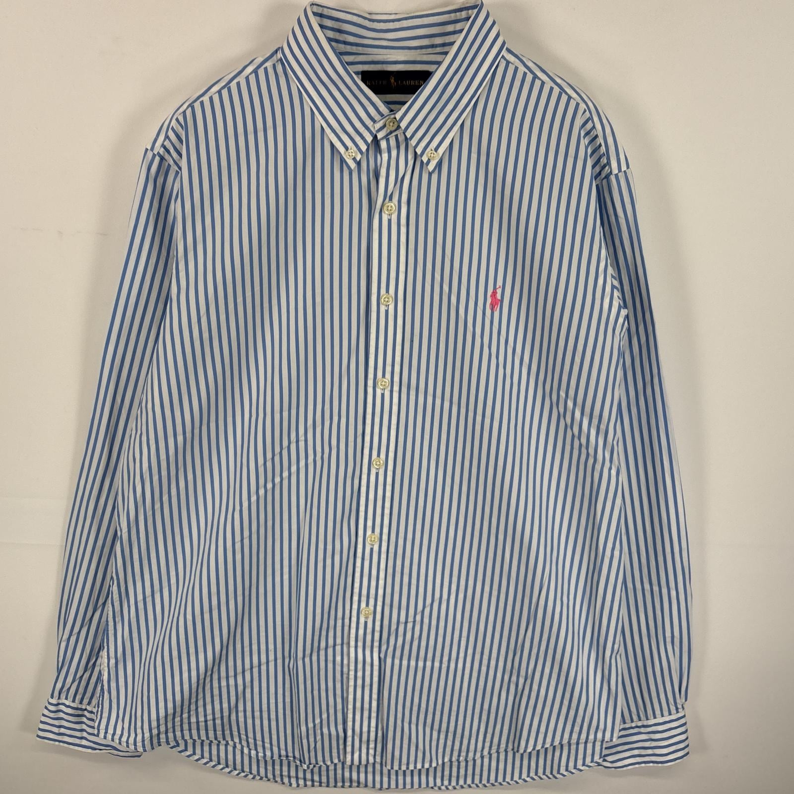 古着 長袖シャツ ボタンダウンシャツ ワンポイント ロゴ 刺繍 大きいサイズ XL ブルー系 ストライプ メンズ