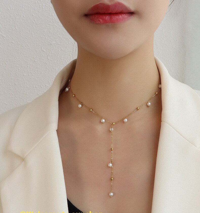 パールネックレスフリンジ鎖骨チェーンチタンスチールkゴールドネックチェーン風アクセサリー 25