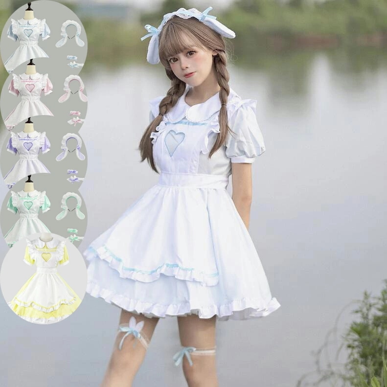 5色 可愛いメイド服 半袖メイド服 大人用コスチューム メイドコスプレ セクシー ハロウィン衣装 ワンピース+エプロン+カチューシャ+手首飾り ウェイトレスコスプレ メイド喫茶 萌え 舞台衣装 イベン