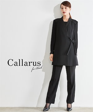 パンツスーツ 喪服礼服 Callarus 洗える防しわ北陸ジャガード切替サイドリボンデザインロングブラウス＋ストレッチパンツセットアップスーツ　大きいサイズ有