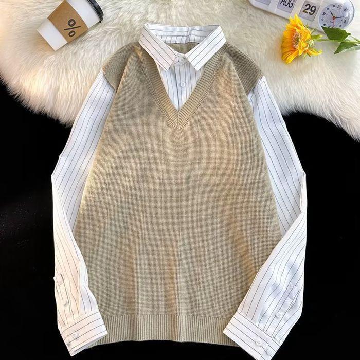 春 ニットベスト シャツ 重ね着風 Vネック フェイクレイヤード 長袖 メンズ 切り替え ストライプ ワイシャツ 秋冬 カットソー スリム