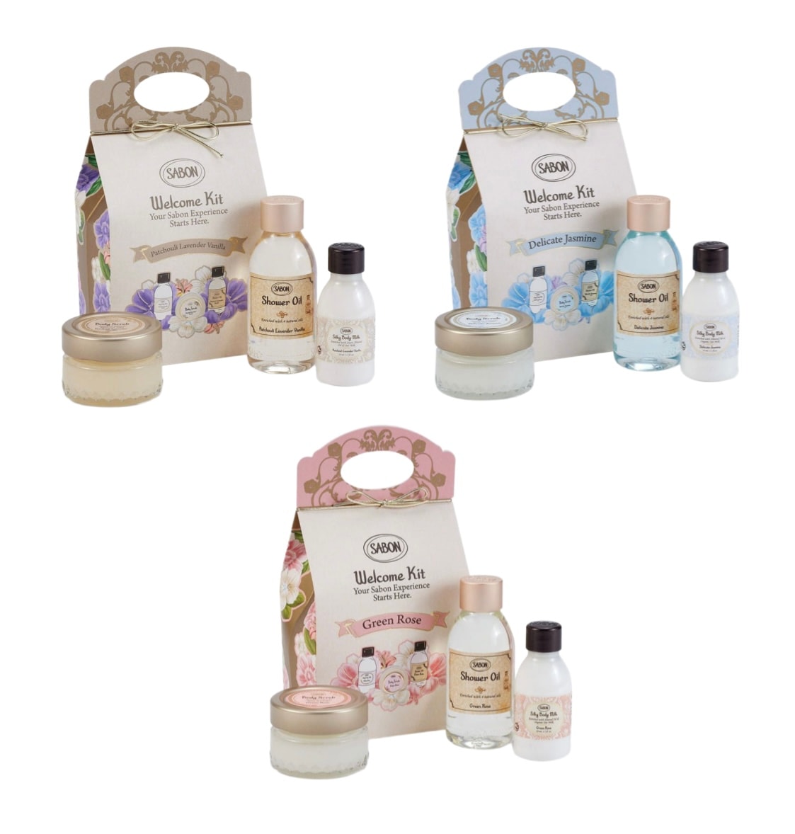 【大人気】 SABON [ジャスミンギフトセット/グリーンローズ ギフトセット/ラベンダーバニラ ギフトセット] シャワーオイル+ ボディスクラブ+ シルキーボディミルク(ラッピング済)