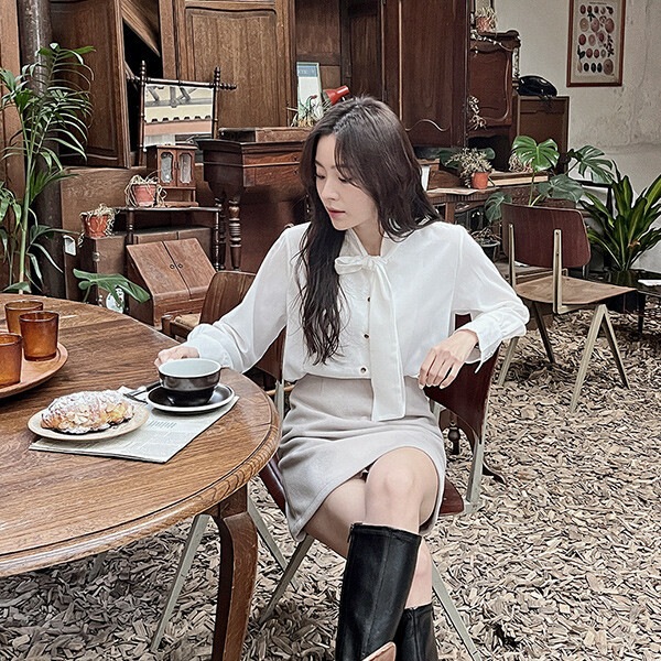 コーデル ブイネック タイ シフォンブラウス_ビッグサイズ