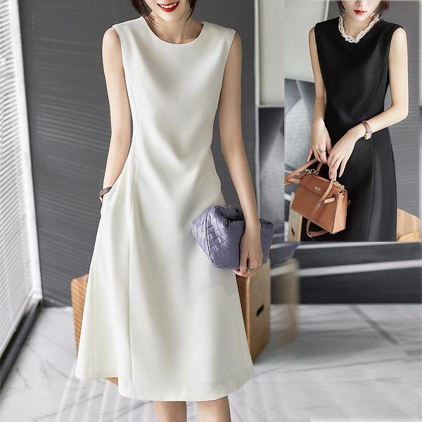 大人シンプルワンピース　ノースリーブ　Aライン定番　ひざ下丈　細く見える大きいサイズ有りSからXXL　ほっそり効果大 20代30代40代50代60代　ミセス 7,480円