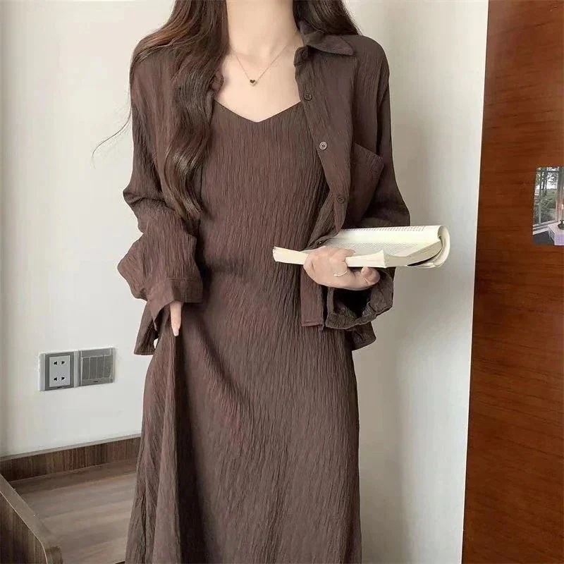 プラスサイズ脂肪 mm 女性の の新ファッションスーツ緩い痩身プリーツシャツサスペンダースカート 2 点セット