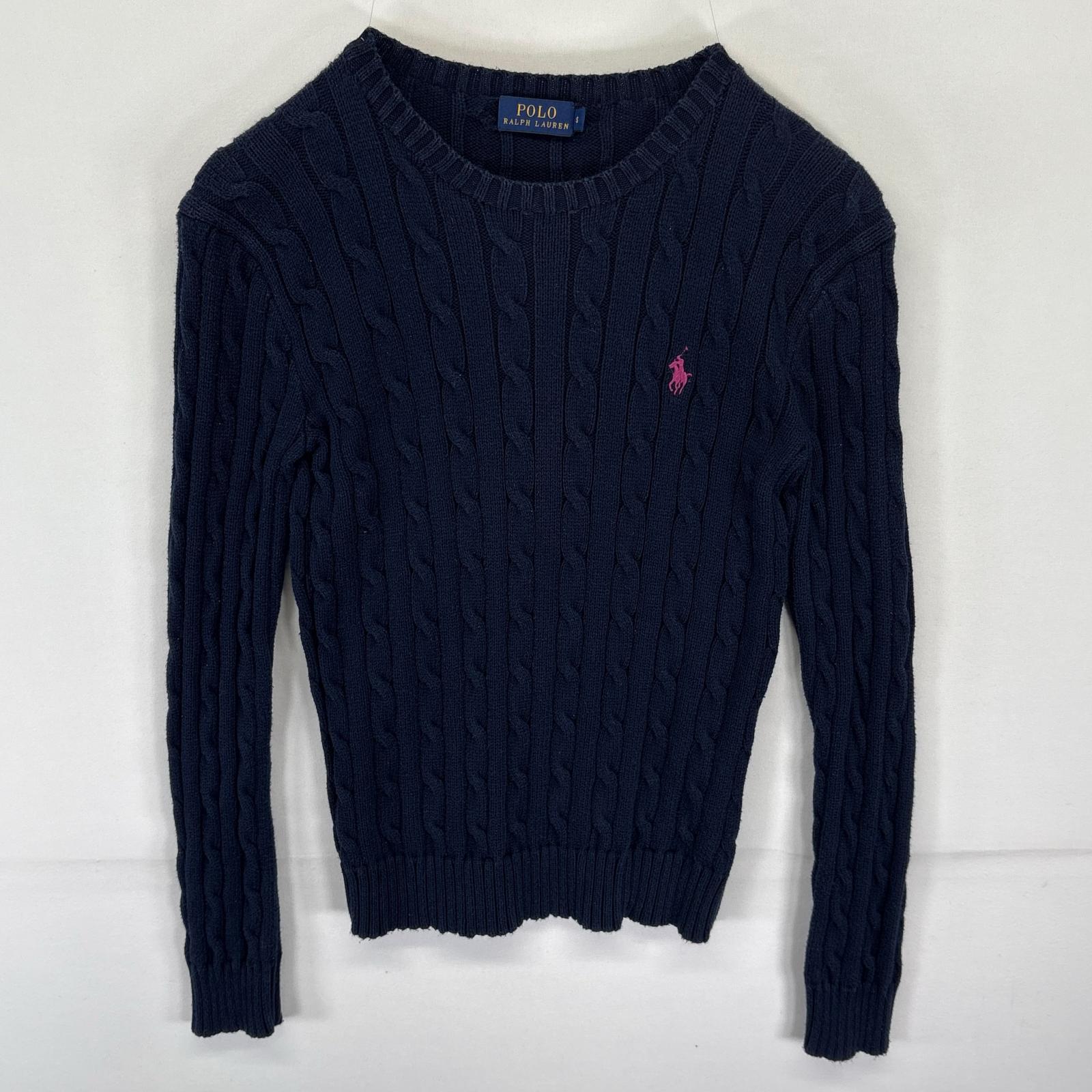 古着 ニット リブ編みニット セーター ワンポイントロゴ刺繍 S ネイビー レディース