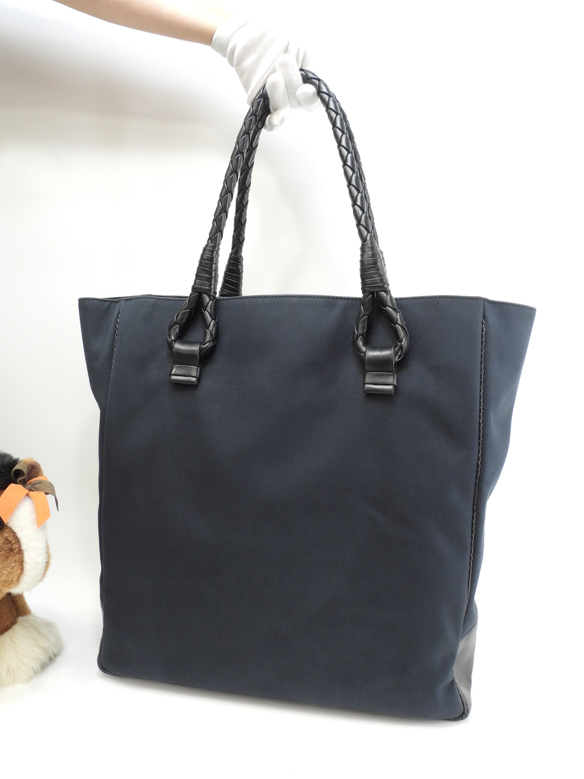 トートバッグ イントレチャート コットン/レザー黒 メンズ 美品@ 255
