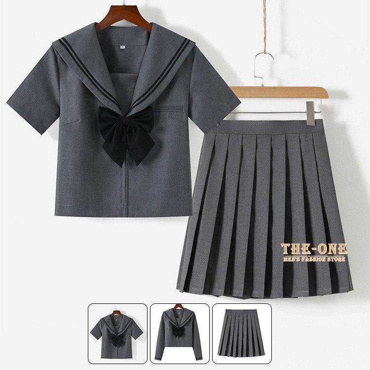 【即納】セーラー服 正統派 JK制服 女子高生 通学 学生 中学 半袖 長袖 セットアップ 単品 ブラウス プリーツスカート グレー