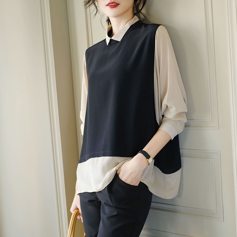 フェイクツーピース キレイめ トップス シャツ ブラウス 袖あり 七分袖 長袖 Vネック 襟付き 切り替えデザイン シンプル カジュアル 大人 上品 おしゃれ お洒落 かっこいい 大人女子 こなれ感 10,068円