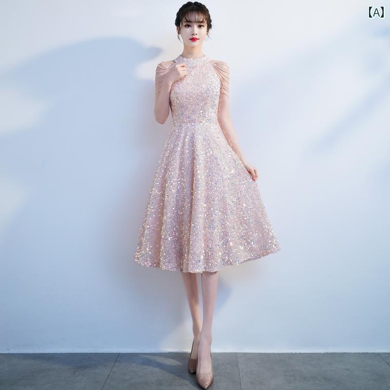 ドレス　パーティー　レディース レディース 小さい イブニングドレス光 高級 ハイエンド 誕生日 ホスト ピンク 婚約