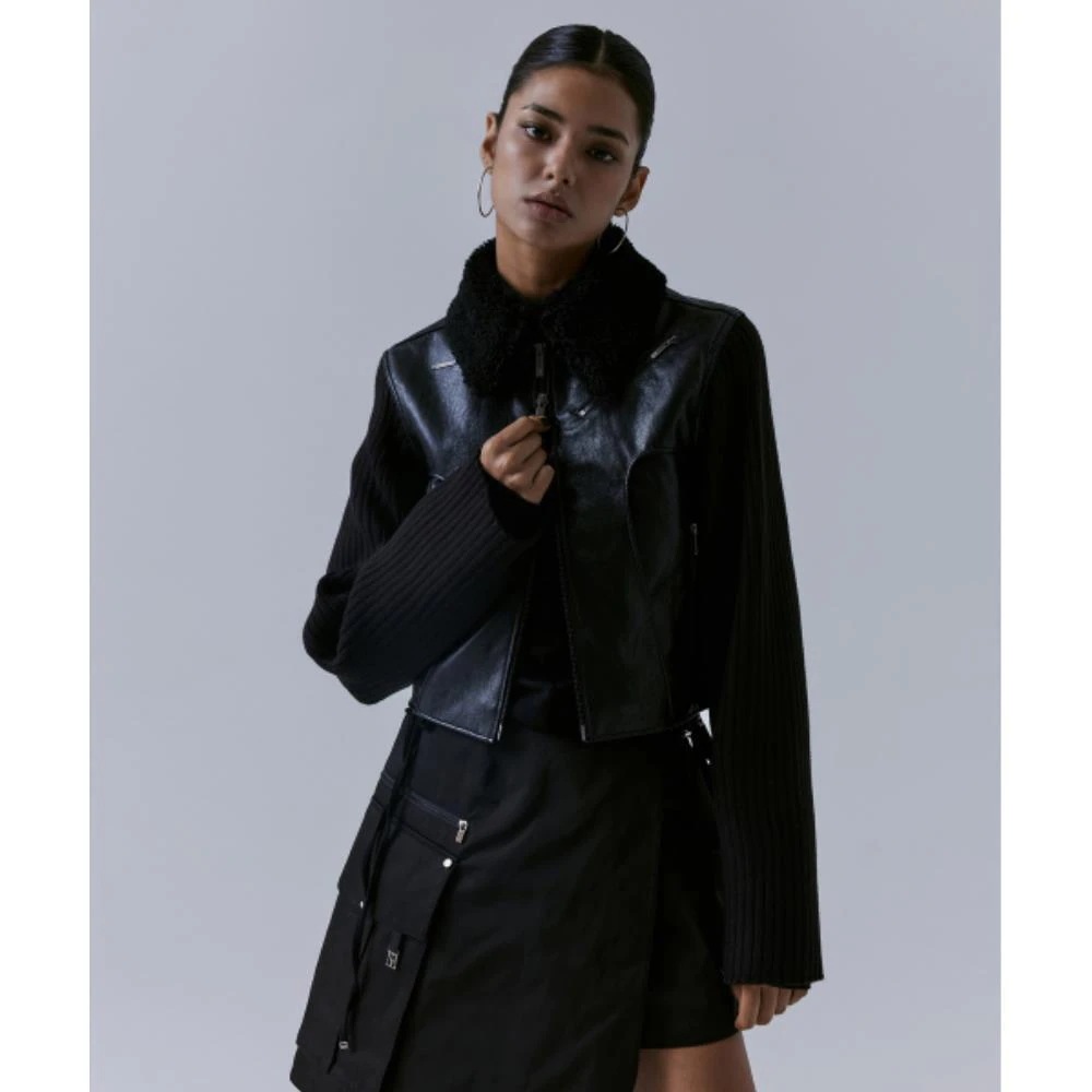 TREEMINGBIRD 2way Collar Knit Sleeve Vintage Leather Jac