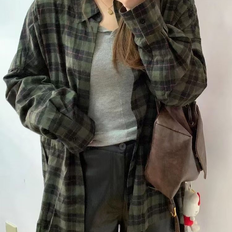 緑 チェック シャツ レディース 長袖 アウター ゆったり リラックス風 chic 高級 レトロ シャツ カーディガン アウター26665