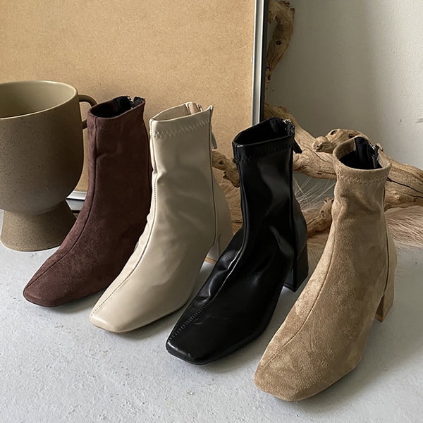 ショートブーツ スクエアトゥ バックジップ ストレッチ