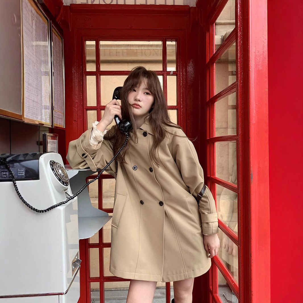 Hello Canon ダブルブレスト ラグランスリーブ ルーズウィンドブレーカー レディース 2025年秋冬新作 Sサイズ ミディアム丈コート 4,759円