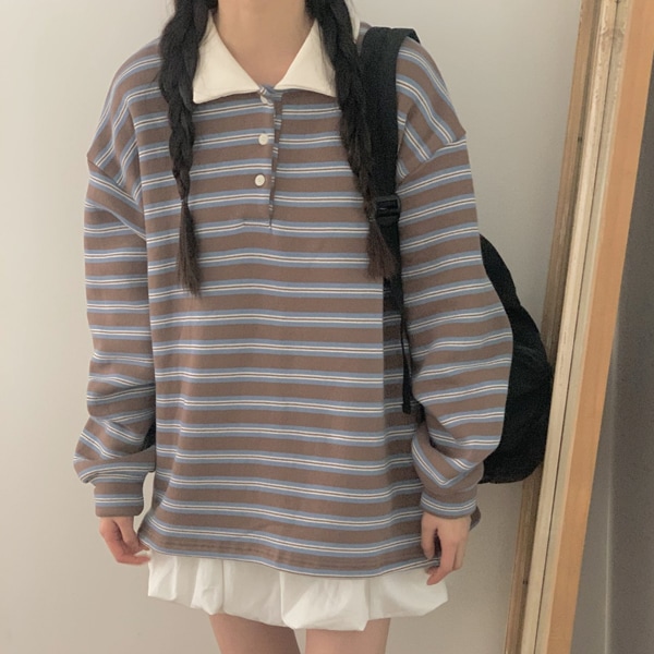 韓国ファッション ルーズフィット 配色 カラー ストライプ 裏起毛 マンツーマンTシャツ