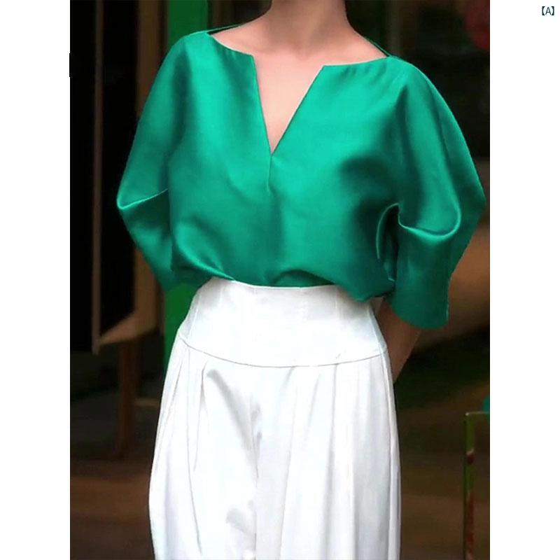 レディース ファッション　オシャレ　綺麗　大歳　上品 ライト 高級 ファッション ハイエンド グリーンサテン 半袖 シャツ 夏 エレガント トップ