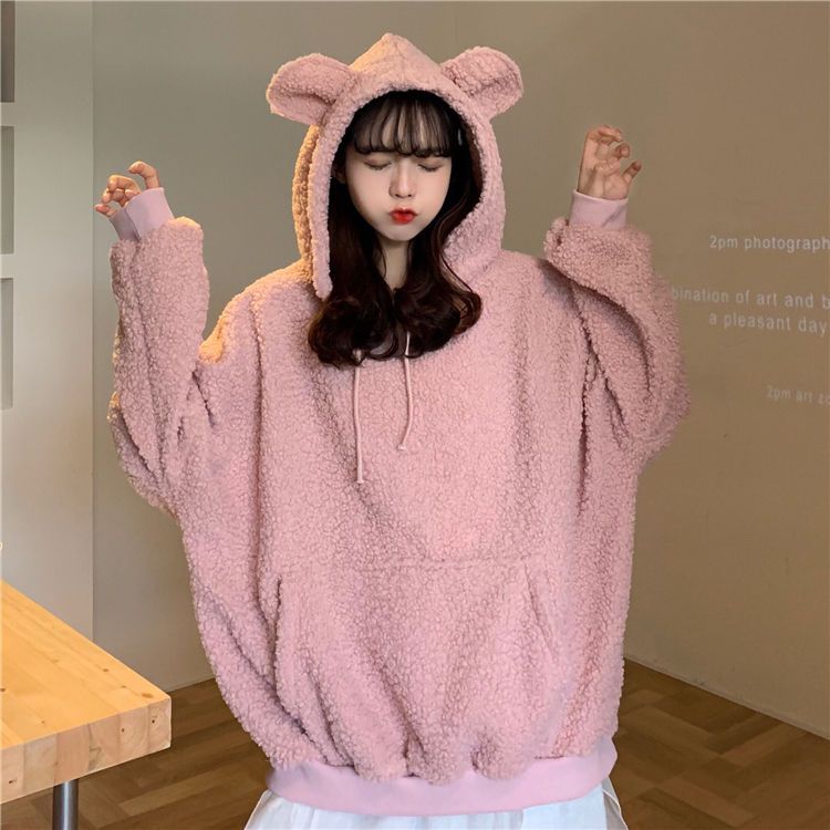 2025秋冬服大きいサイズ くまちゃん 裹起毛 厚手 ラムズフリース フード付き プルオーバーデザイン おしゃれ スウェット ゆったり 着痩せ 可愛い トップス