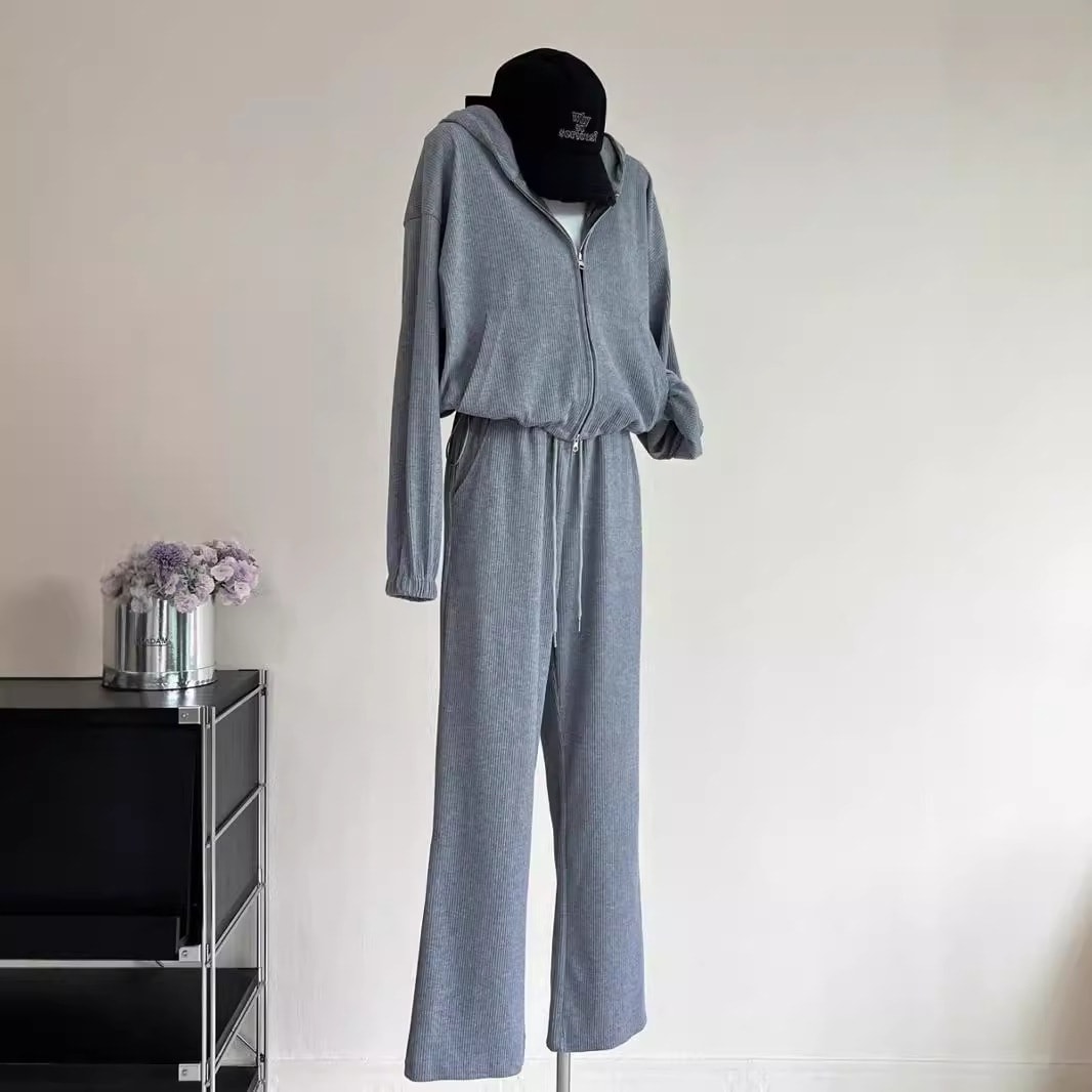 2024秋の新作高支高密ファッションスーツ女性用ショート丈連帽カーディガンコート+ハイウエストストレートカジュアルパンツ