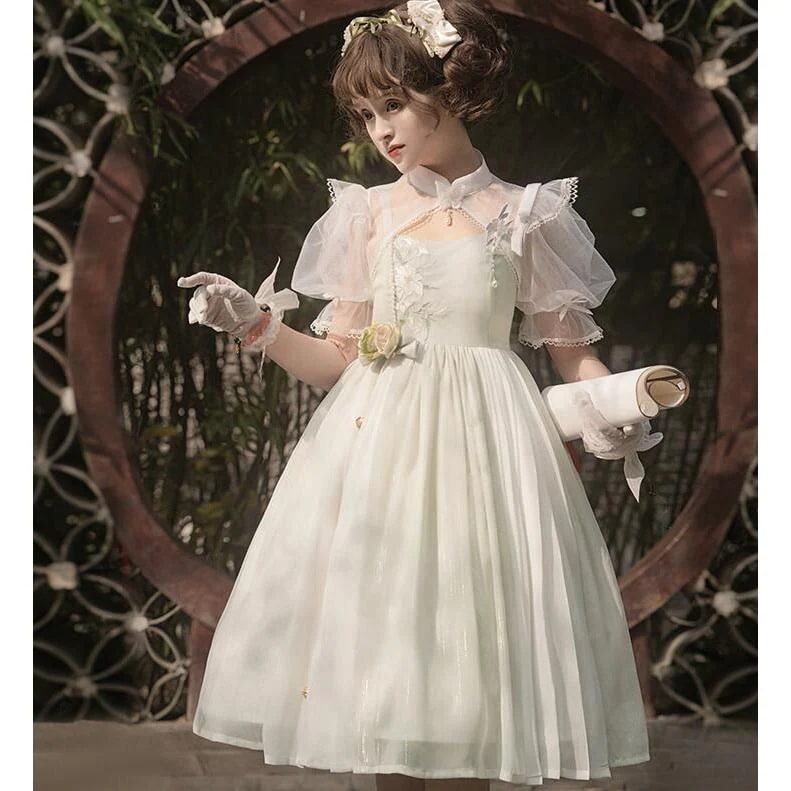 中華 ロリータ ワンピース ロリータ ドレス 可愛い お姫様 ジャンパースカート ミモレ丈 ゴスロリ ロリータ服 お花刺しゅう リボン 立体花飾り 半袖 チャイナカ30%までに制限
