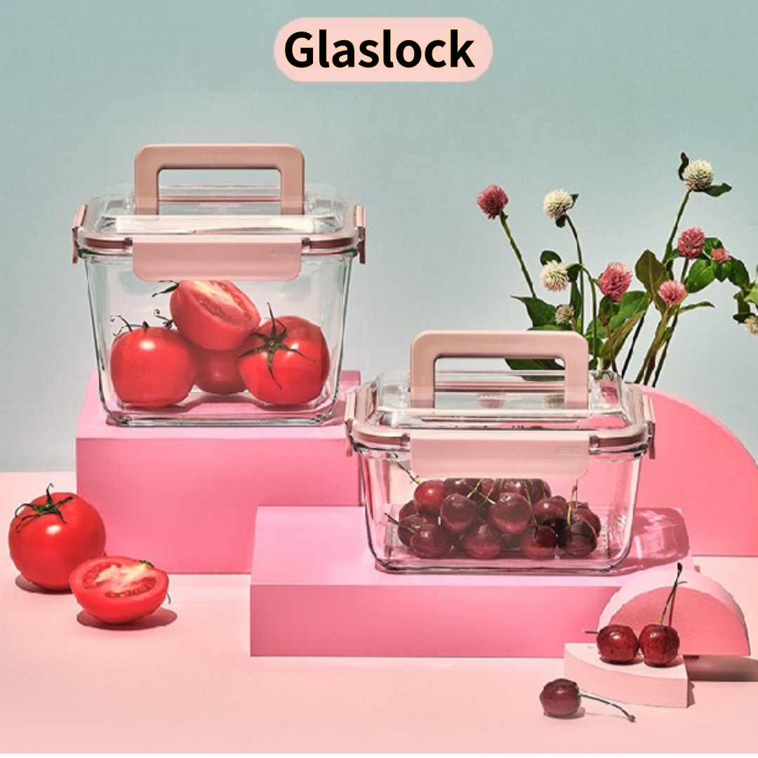 耐熱ガラス貯蔵容器 ハンディピュアサンドピンク2組セット（1.8L, 2.5L）/ ガラス収納容器2組セット 韓国食品保存容器