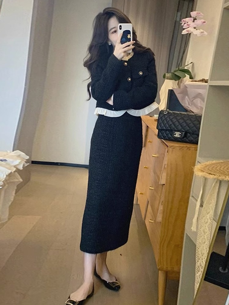 小柄な小さな香りヘップバーンスタイル黒の長袖ドレス子供シーズン2023新の全体のセットを着用してください