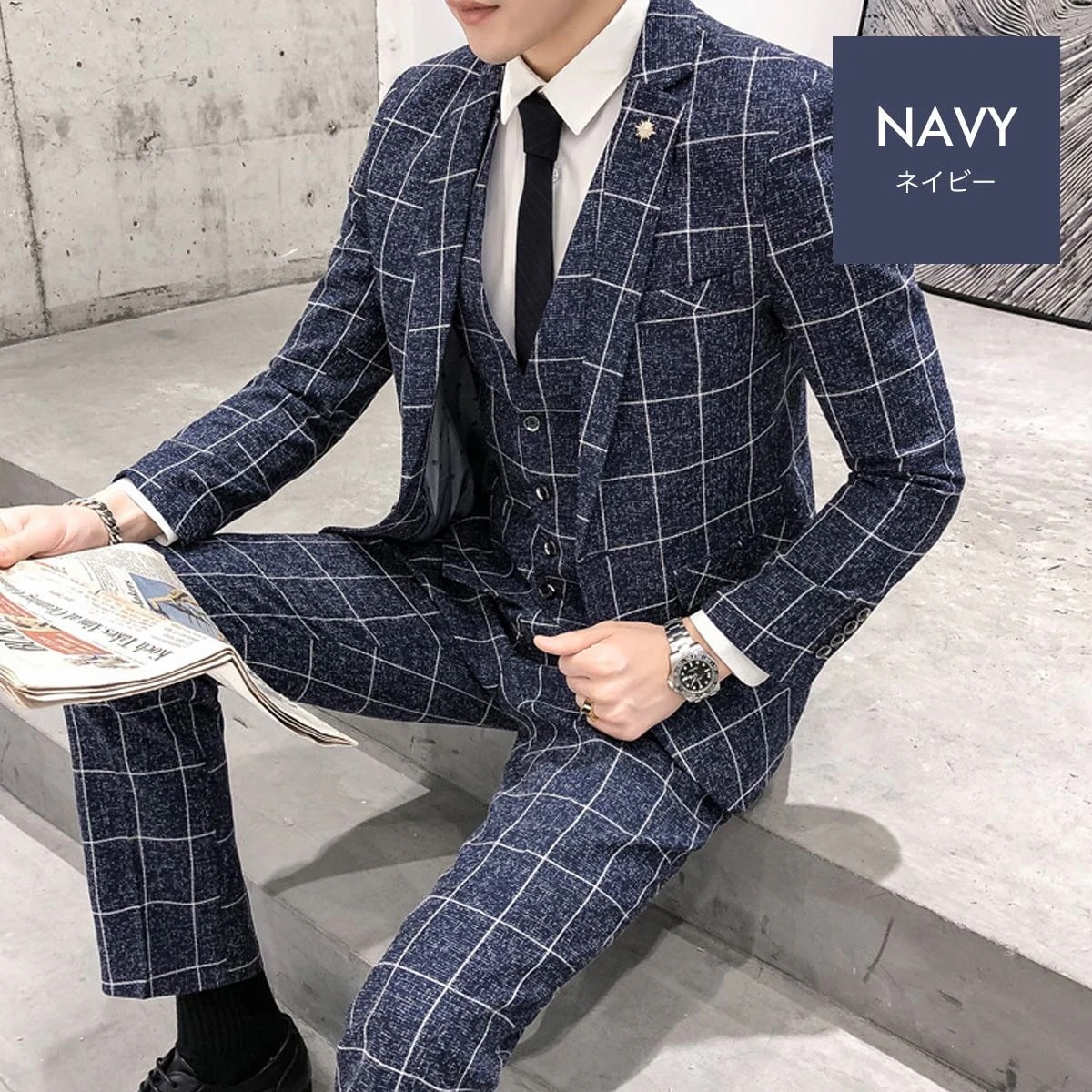 入学式セットアップ3ピーススーツスーツIスリーピーススーツスリムスーツメンズビジネス紳士服チエック柄1つボタンシングルウォッシャブル洗える細身ベスト3点セット通勤就職入社式卒業式宴会オールシーズン