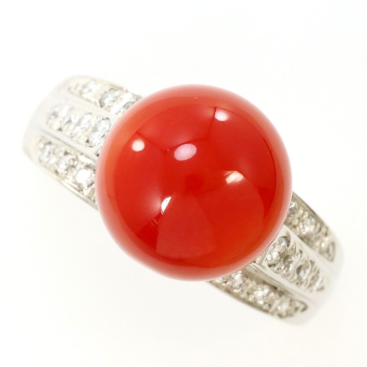 PT900 プラチナ リング・指輪 15.5号 サンゴ ダイヤモンド 0.30ct カード鑑別書 総重量約8.8g 中古