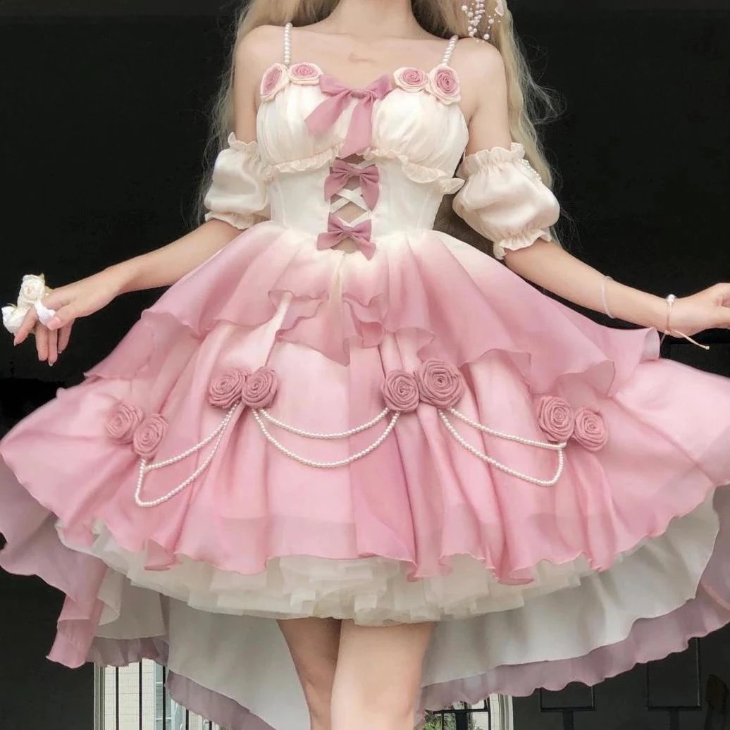 Lolita エロス結論jskドレスフロントショートバックロングライトフラワーウェディング夏 コスチューム