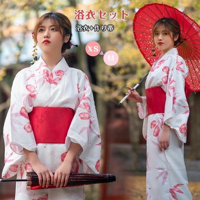 浴衣 浴衣+作り帯 ホワイト 浴衣セット レッド オレンジ 楓 葉柄 浴衣 レディース 小柄 花柄 和柄 着物 和服 レトロ 大正浪漫 夏祭り お出かけ 花火大会 盆踊り 文化祭 夏秋 イベント 女