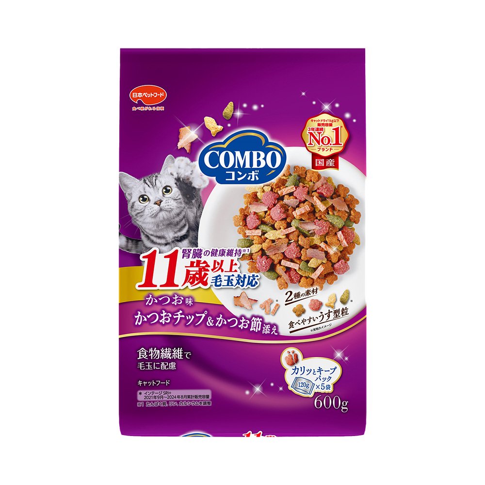 キャットフード　コンボ毛玉対応　１１歳以上　かつお味・かつおチップ・かつお節　６００ｇ（１２０ｇX５袋）１２袋　超高齢猫用　ＣＲＣ35―15―60―30―00