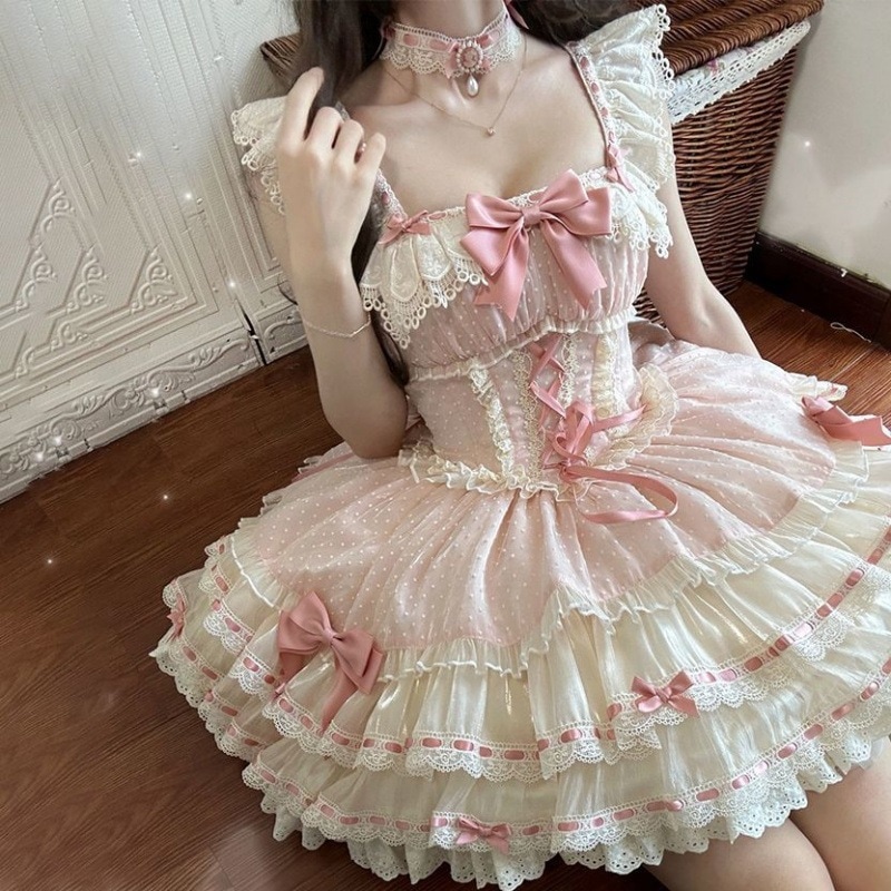 ロリータバレエスタイルのロリータドレスJSKスリングピンクケーキプリンセスドレスバースデードレス