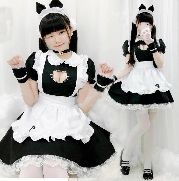 迅速な出荷 メイド服 大人 ウェイトレス ハロウィン コスプレ 可愛い 猫ちゃん 裾フリルメイド服 コスチューム レディース 膝丈ワンピース 半袖 エプロン レース 胸元セクシー 透明 お姫系ロリータ