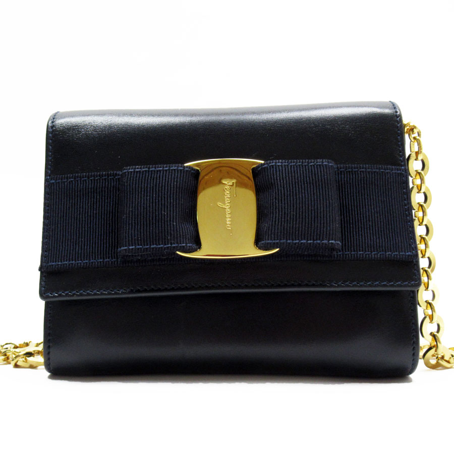 サルヴァトーレフェラガモ Salvatore Ferragamo 斜め掛けショルダーバッグ ヴァラリボン レザー ネイビー レディース g4054a