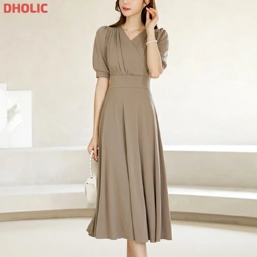 [メガ割りSALE]Vネックパフスリーブリボンワンピース