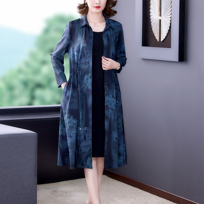 中年ママのおしゃれゆったりカーディガンラペルテンセルコートミドル丈コート大きいサイズウインドブレーカーワンピース