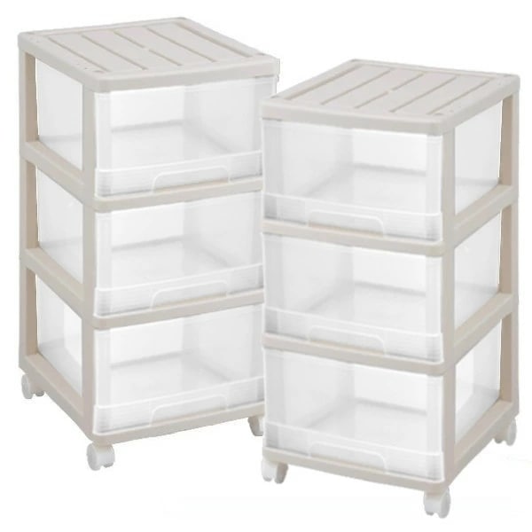 完成品 収納ケース プラスチック 引き出し 深型 3段 2個組 おしゃれベージュ／クリア キャスター