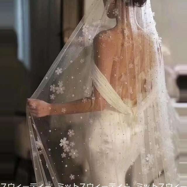 ウエディングベール ロング 金属コーム付き フラワー パール 結婚式 二次会 花嫁 披露宴 前撮り