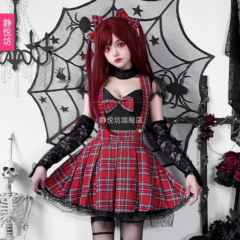 ヨーロッパとアメリカのダークゴシックサブカルチャーハロウィンホットティー赤と黒のパンクスカートY2Kチェック柄ロックガールグループパフォーマンスコスチューム