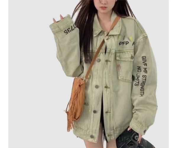 レディース ジャケット アウター 上着 デニム デニムジャケット Gジャン ミドル丈 長袖 襟付き ポロカラー 刺繍 ボタン アメカジ ウォッシュ カラーデニム カジュアル おしゃれ かっこいい