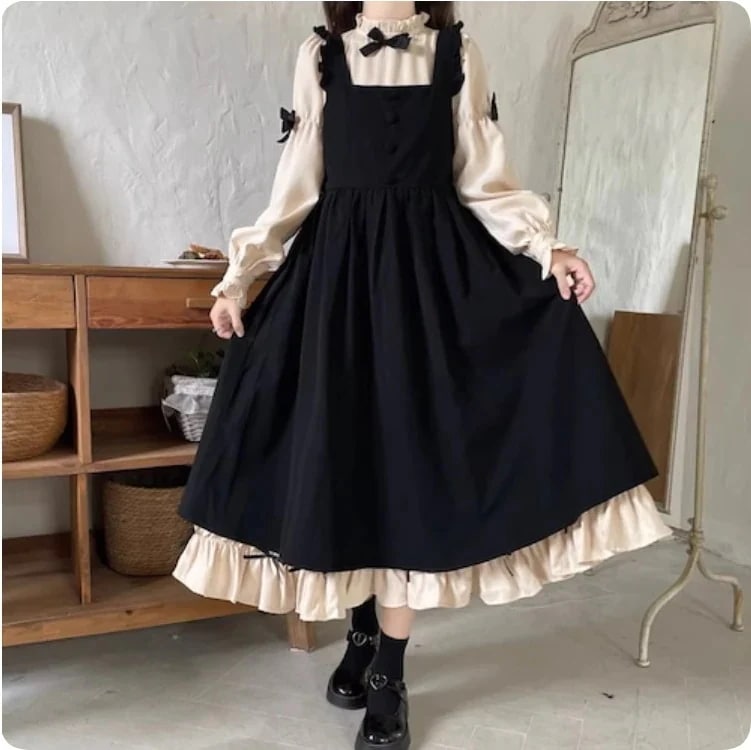 2点セット ロングスリーブワンピース キャミソールワンピース ロリータ コスプレ ぷちリボン付きサスペンダーワンピース
