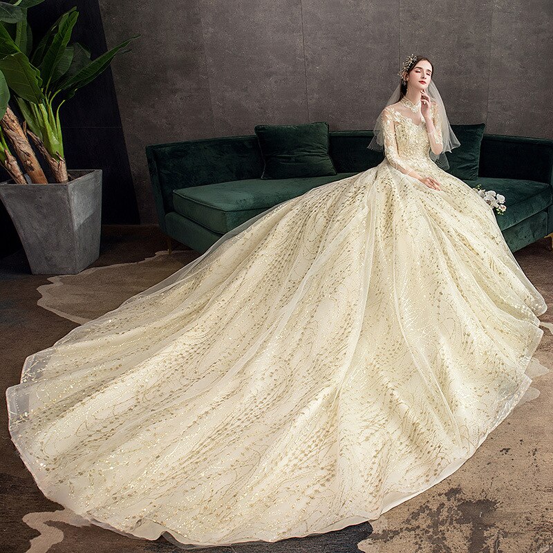 欧米風 シャンパン ヘップバーンスタイル ウエディングドレス レトロ 花嫁 トレーンライン ロング 8,274円