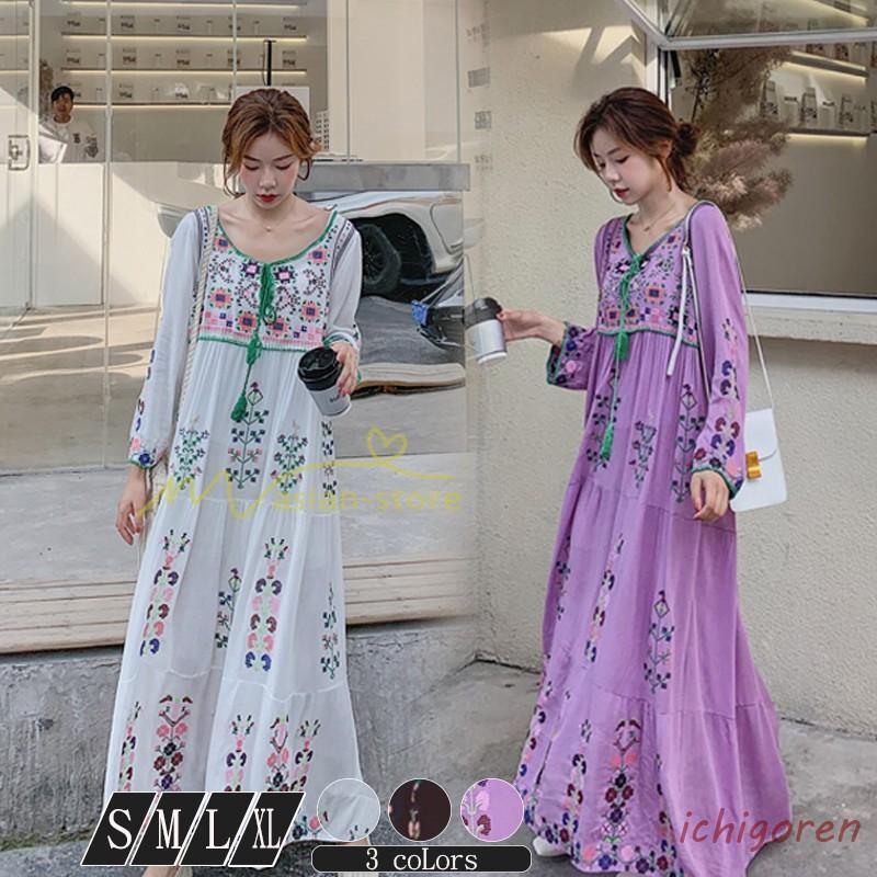 ワンピース リゾートワンピ レディース ボヘミア風　休暇 長袖 無地 マキシ丈 復古風 上品 体型カバー 花柄 刺繍 Vネック ホワイト ブラック　パプール
