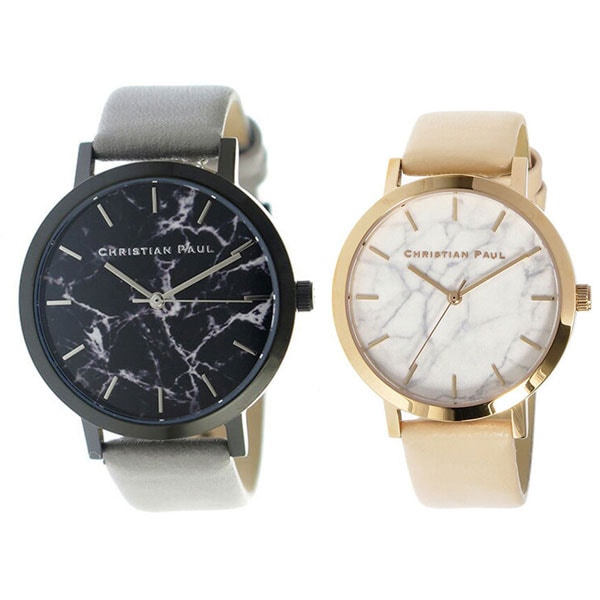 クリスチャンポール 時計 メンズ レディース ペアウォッチ 43mm 35mm ブラック/ホワイトマーブル 大理石柄 グレー ベビーピンク レザー MBB4302MRL-02 誕生日プレゼント ポイン