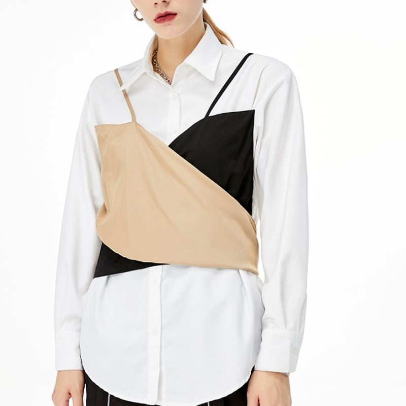 レディース シャツ ドッキングシャツ 襟付き 長袖 ボタン 前開き キャミソールベスト レイヤード